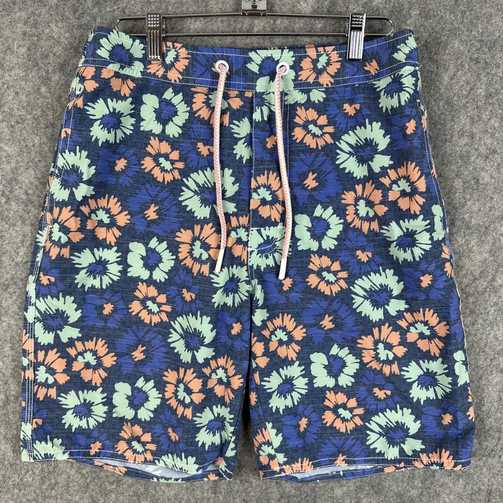 Johnnie O Swim Trunks Mens Small Blue Floral Shorts Mesh Lined Hawaiian Zip Fly